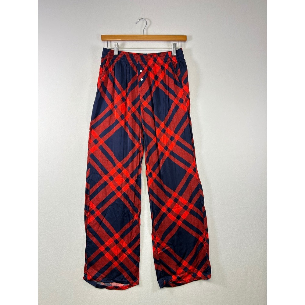 Aerie Pajama Pants Women XS Navy Blue Red Plaid Wide Leg Rayon‎ Loungewear